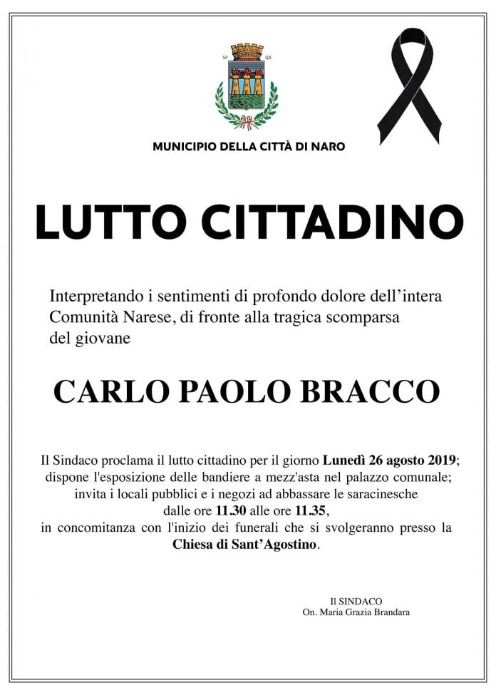 Naro, funerali Carlo Paolo Bracco, lutto cittadino