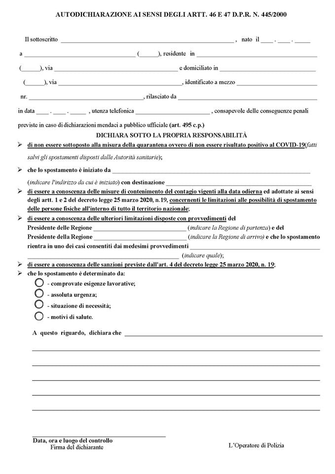 Canicattì, fase 2: ecco il modello di autocertificazione Canicattì, fase 2: ecco il modello di autocertificazione