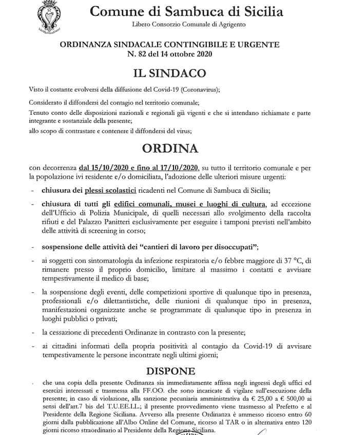 Sambuca di Sicilia, disposta chiusura locali per disinfezione Sambuca di Sicilia, disposta chiusura locali per disinfezione