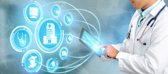 Medical Healthcare Concept - Doctor in hospital with digital medical icons graphic banner showing symbol of medicine, medical care people, emergency service network, doctor data of patient health.