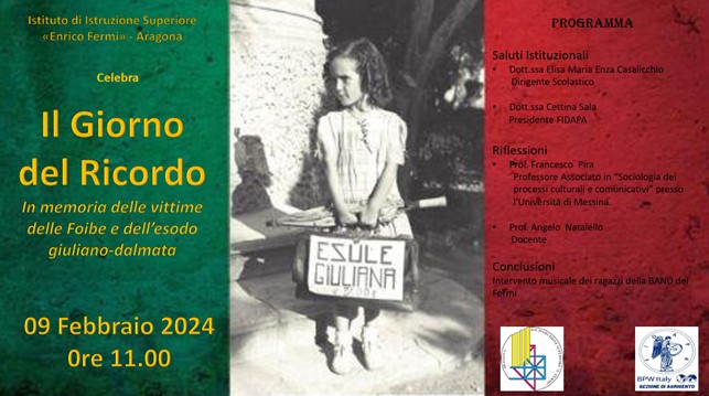 Aragona, "Il Giorno del Ricordo": convegno all’I.I.S. Fermi in sinergia con la Fidapa Aragona, "Il Giorno del Ricordo": convegno all’I.I.S. Fermi in sinergia con la Fidapa